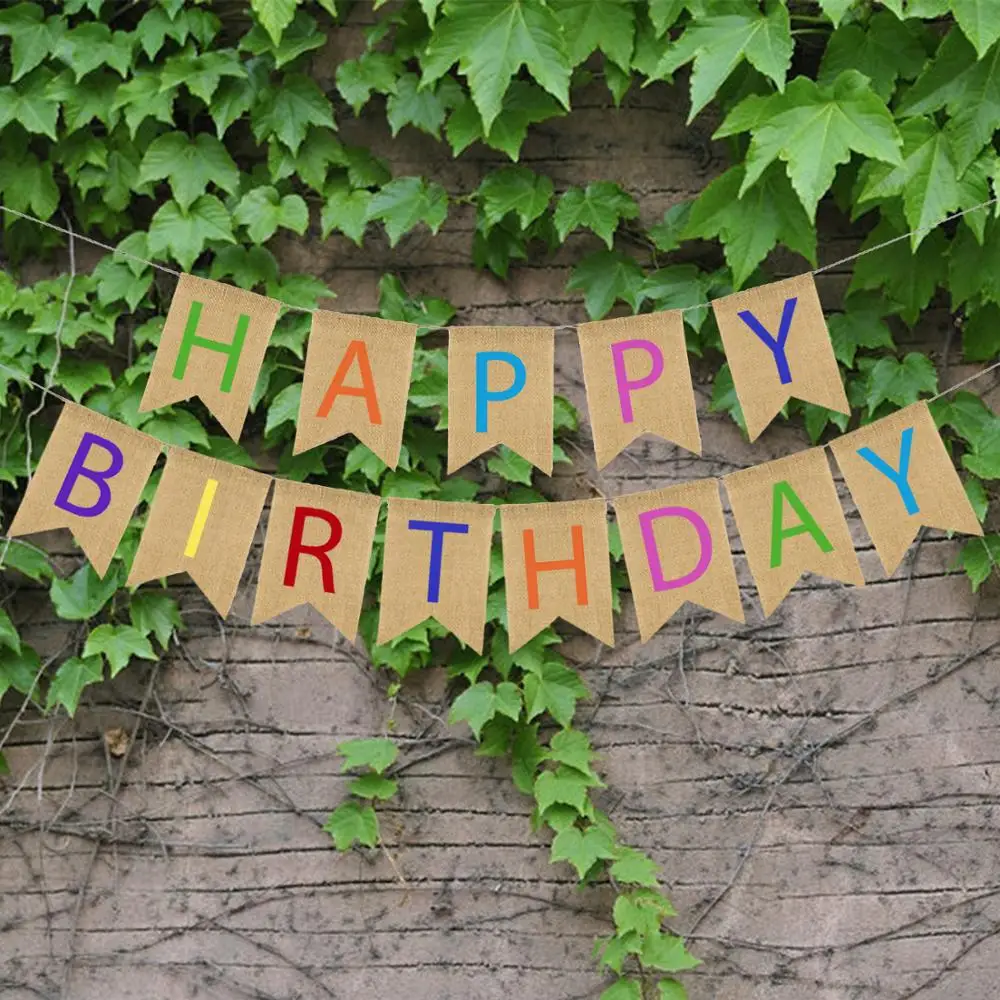 

1set Colorful Happy Birthday Linen Banners Baby Shower Birthday party Burlap Hanging Flags home room Decoration letter Garland