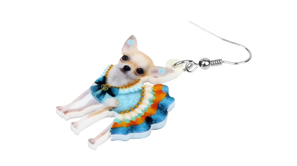 Details about / Chihuahua Blue Dress Realistic Acrylic Double-Sided Silver Hook Earrings Jewelry