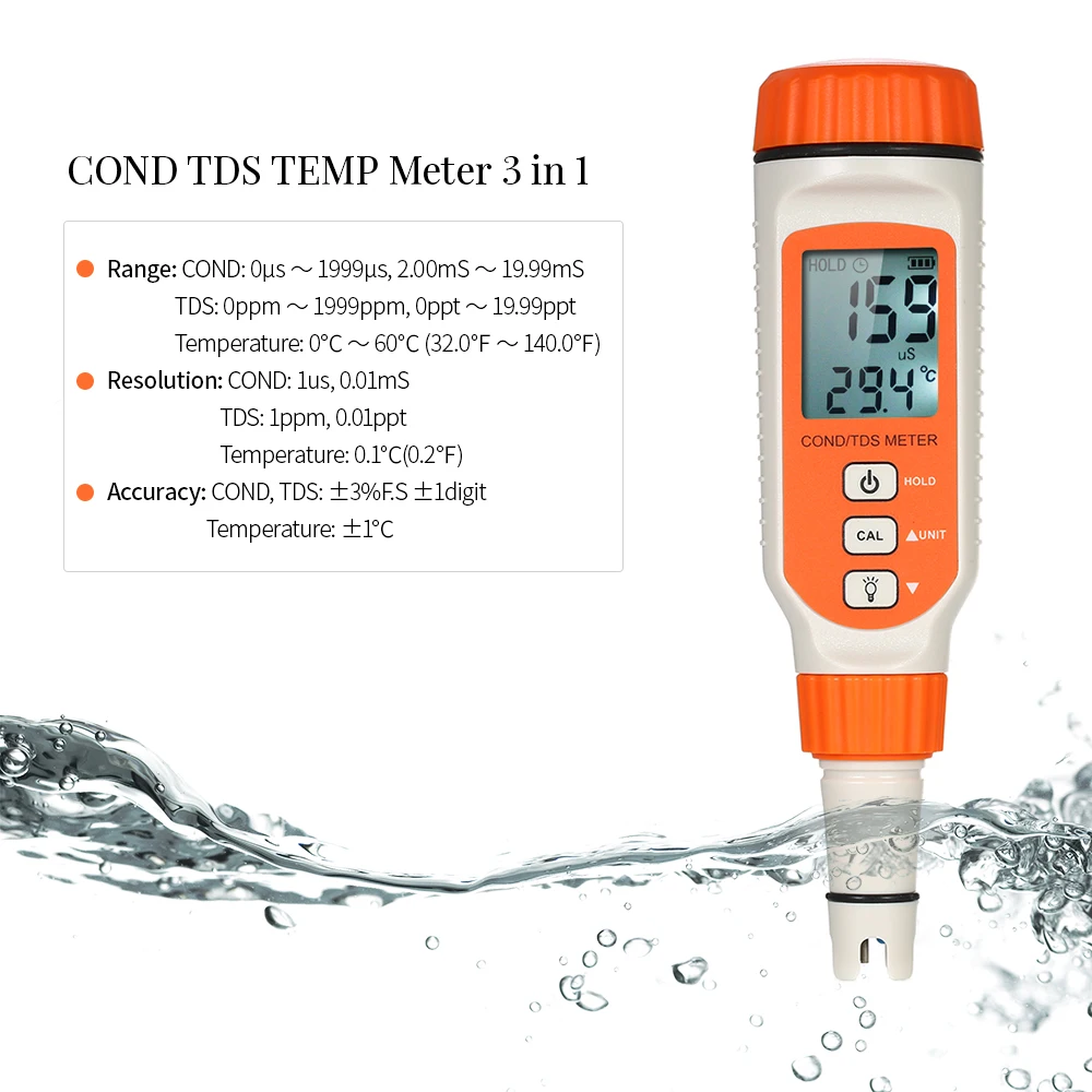 

Professional Water Quality Tester Conductivity Meter TDS COND TEMP Analyzer Total Dissolved Solid Test Thermometer ATC Function