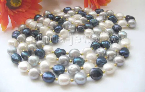 

FREE shipping>>>>Beautiful 56" 12mm white gray black baroque freshwater pearl necklace new