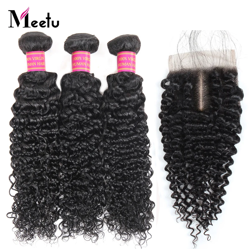 Meetu Hair Indian Curly Bundles With Closure 3 Bundles with Closure Non Remy Human Hair Bundles with Lace Closure 4x4 inch