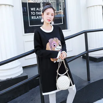 

Maternity Women Hoodless Long Sleeve Mid-long Sweaters New Moms Loose Fit Cartoon Dog Knitting Pullover Fashion Sweaters Dresses