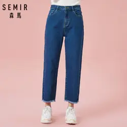 SEMIR Для женщин 100% хлопок высокого укороченные джинсы с необработанными-edeg низ Для женщин широкие брюки джинсы из стираного денима с боковой