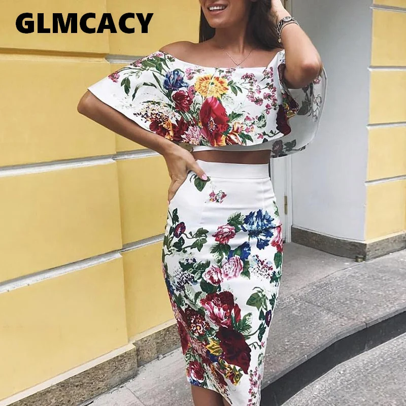 

Women Sexy Slash Neck Fold-over Crop Top and Penncil Midi Dress Two Pieces Ladies Floral Printed Strapless Casual 2 Piece Outfit