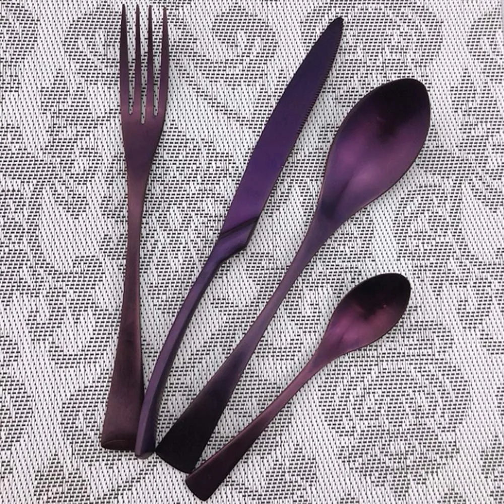 

4-Pieces Dinnerware Set Matte Purple 18/10 Stainless Steel Wedding Cutlery Set Dinner Knife Table Forks Icespoon Silverware Set