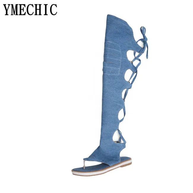 Женские джинсовые босоножки YMECHIC 2018 синие черные с перекрестной шнуровкой до
