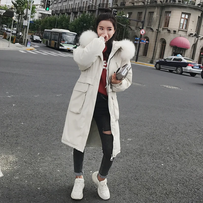 Big collar fur down parka women jacket pocket female thickening coat winter coat women down parka goose 8809 - Цвет: Белый