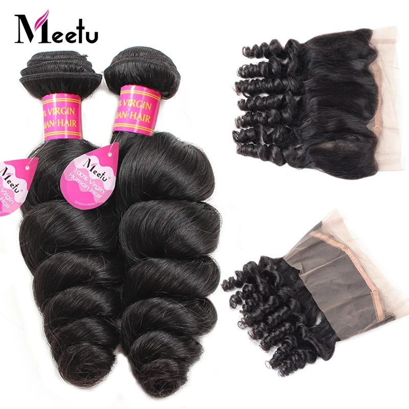 

Meetu Indian Loose Wave Bundles with Frontal 100% Human Hair 360 Lace Frontal with Bundle Non Remy 2 Bundles with Frontal