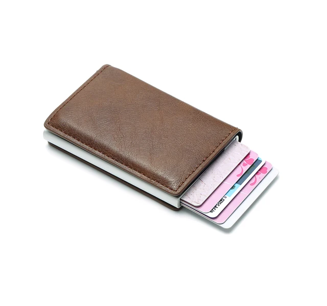 DIENQI Anti Rfid Protection Men Women Credit Card Holder Leather Vintage Slim Mini Wallet Metal Aluminum Business id Card Case -