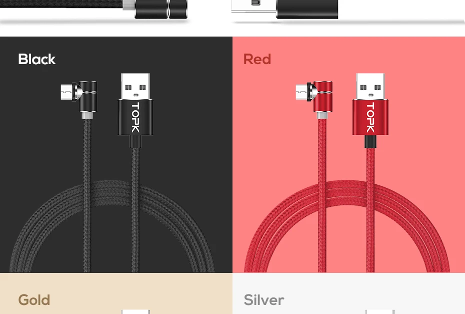 TOPK 1 м 2 м светодиодный магнитный кабель Micro USB угол 90 градусов l-образный нейлоновый Плетеный зарядный кабель для Micro USB порта