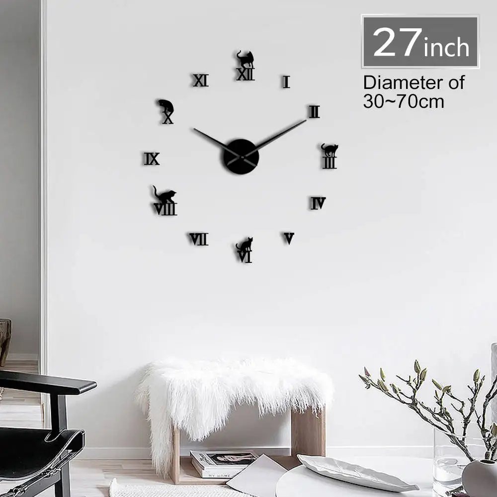 

DIY 3D Cat Mirror Effect Large Numer Kittens Wall Clock Sticker Kitty Frameless DIY Quiet Giant Wall Clock Modern Watch Decor