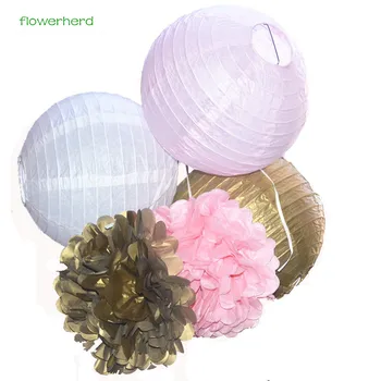 

6pcs 8inch (Gold,Pink,White) Paper Lanterns Tissue Paper Pom Poms Wedding Decor Party Supplies Hanging Large Balls Paper Flowers