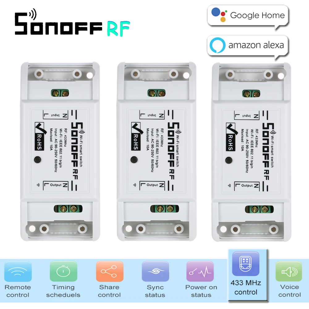 

3PCS Itead Sonoff RF 433MHZ Smart Wifi Remote Switch Wifi Delay Switch Smart Home Light Controller Via APP for Alexa Google