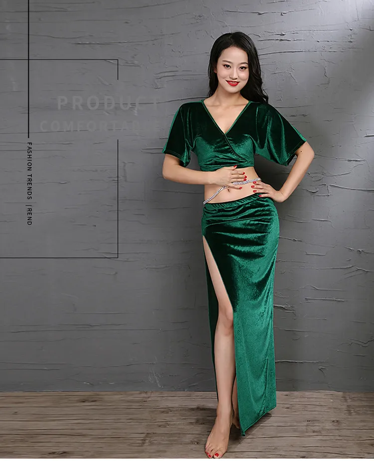 Korea Velvet Dance Costume Warm 2 Piece Set Dancer Practice Wear Loose Top Long Side Slit Skirt