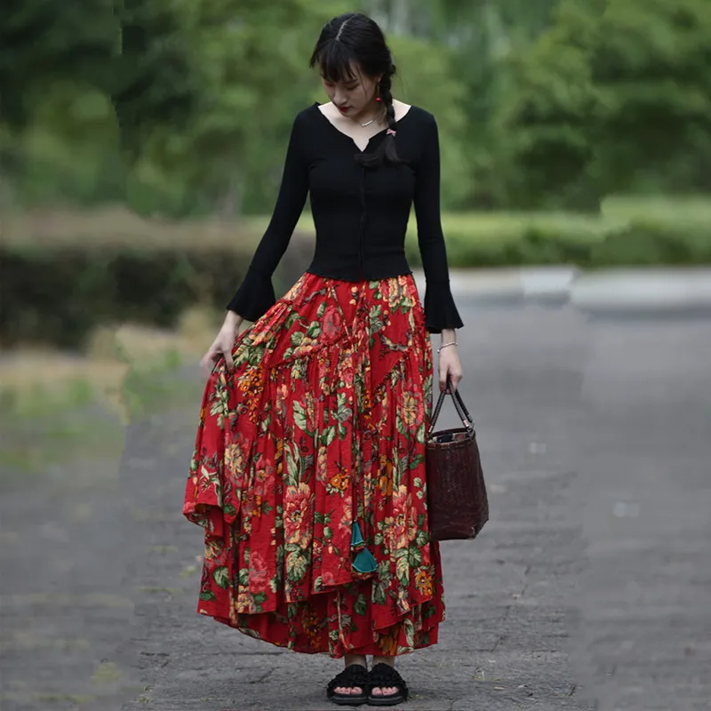 

Free Shipping Vintage Long Maxi A-line Elastic Waist Women Autumn Summer Cotton And Linen Plus Size S-2XL Flowers Print Skirts