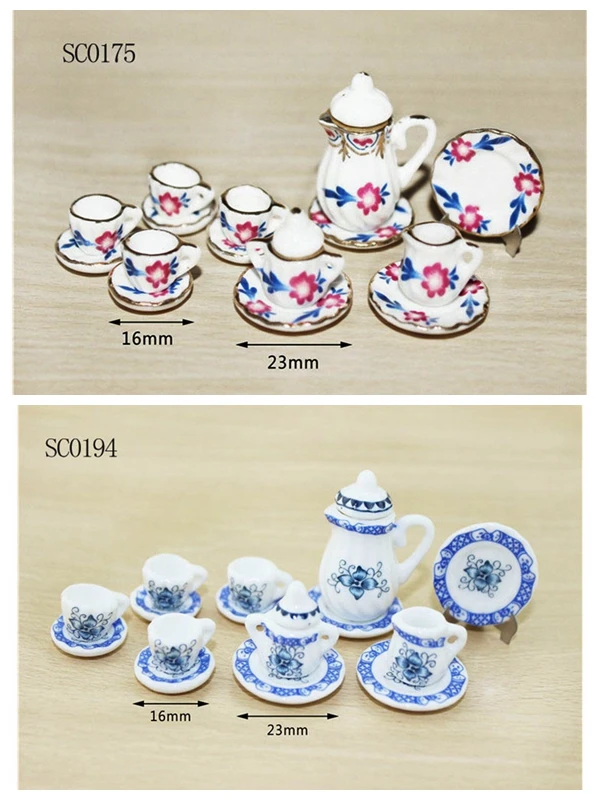 

1set 1/6 Scale Dollhouse Miniature Dining Ware Porcelain Tea Set Dish Cup Plate Colorful Floral Tableware Kit doll Accessories