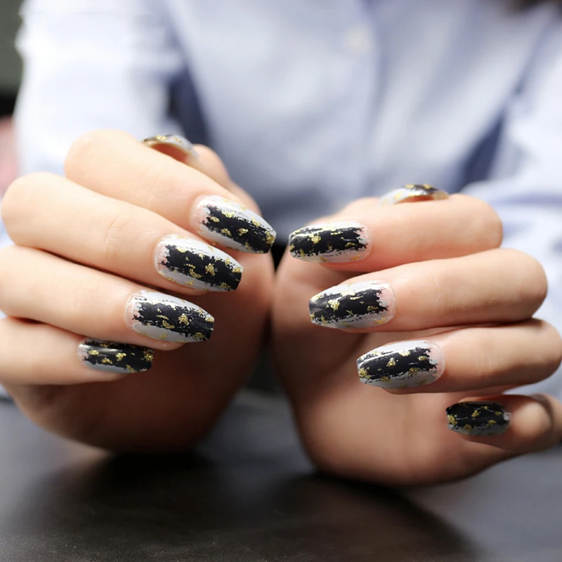 24 шт черные блестящие накладные ногти форма гроба полное покрытие советы для УФ-гель для ногтей накладные ногти с клей для нейл-арта французский дизайн