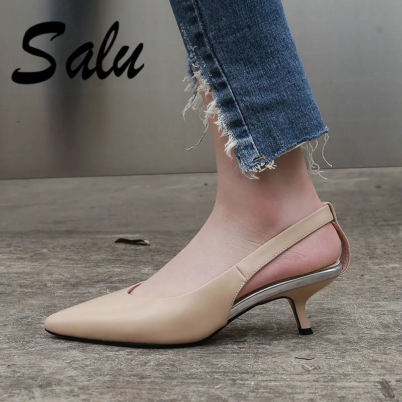 

Salu Elegant Women High Heels Spring Summer Genuine Leather Shoes Woman Pointed Toe Office Shoes Ladies Sandals
