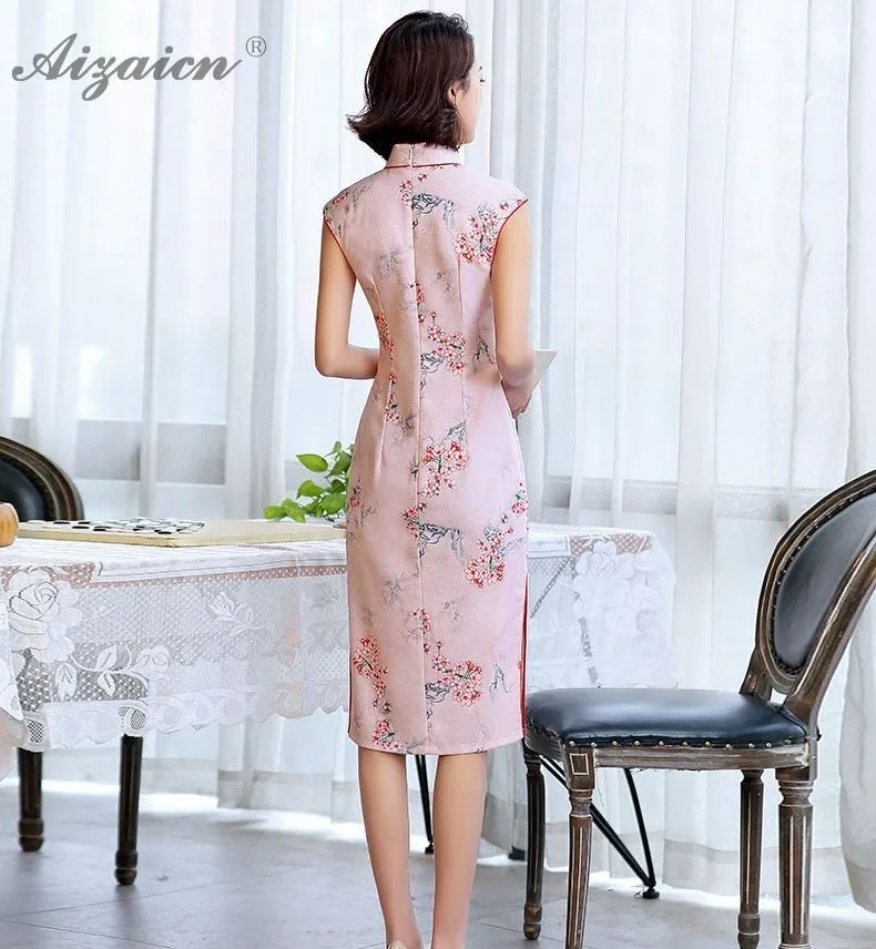 Новинка 2019 года розовый Cheongsam хлопок льняной с принтом туалетный модное платье шелк современный Qipao для женщин Традиционный китайский