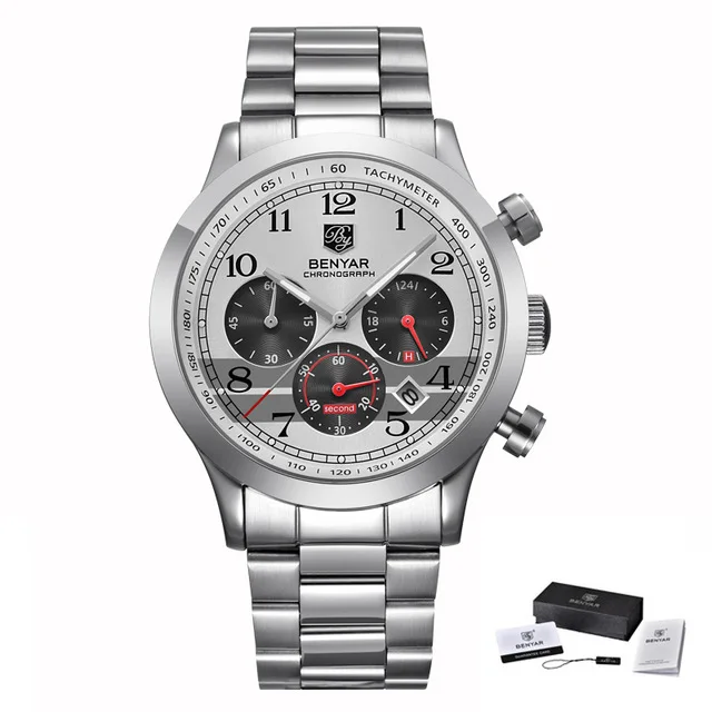 Reloj Hombre лучший бренд класса люкс BENYAR Мода хронограф спортивные мужские часы Военная Униформа кварцевые часы Relogio Masculino - Цвет: steel white box