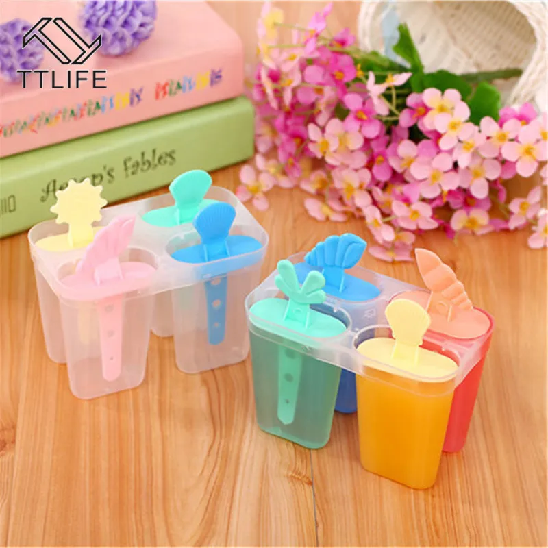 

TTLIFE 4 Cavity Ice Mold Plastic Ice Cream Mold With Sticks Useful Popsicle Ice Cream Maker Summer DIY Kitchen Accessories