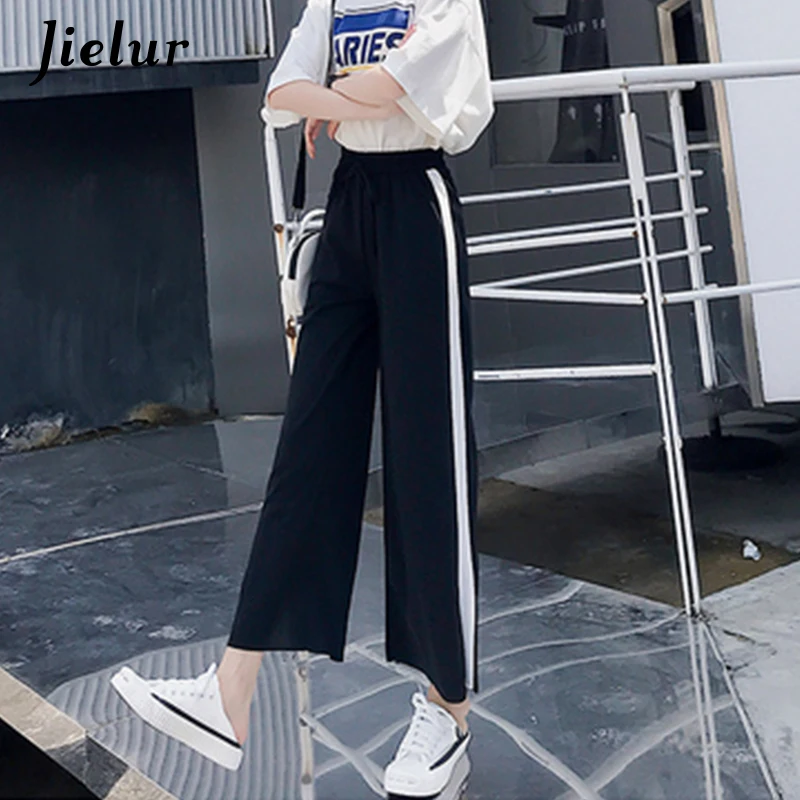 

Jielur Women High Waist Pants Summer 2019 Chiffon Casual Loose Wide Leg Pants 3 Colors Side Stripes Slit Black Pantalon Femme