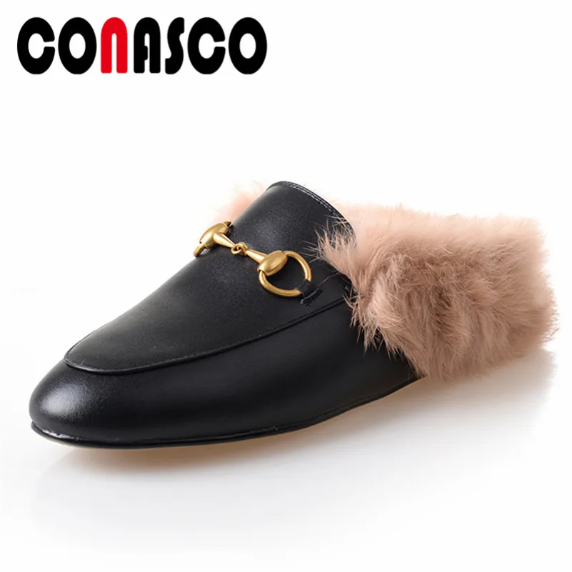 

CONASCO Fashion Women High Heels Rabbit Fur Pumps Genuine Leather Warm Wedding Party Shoes Woman Comfort Casual Slingback Pumps
