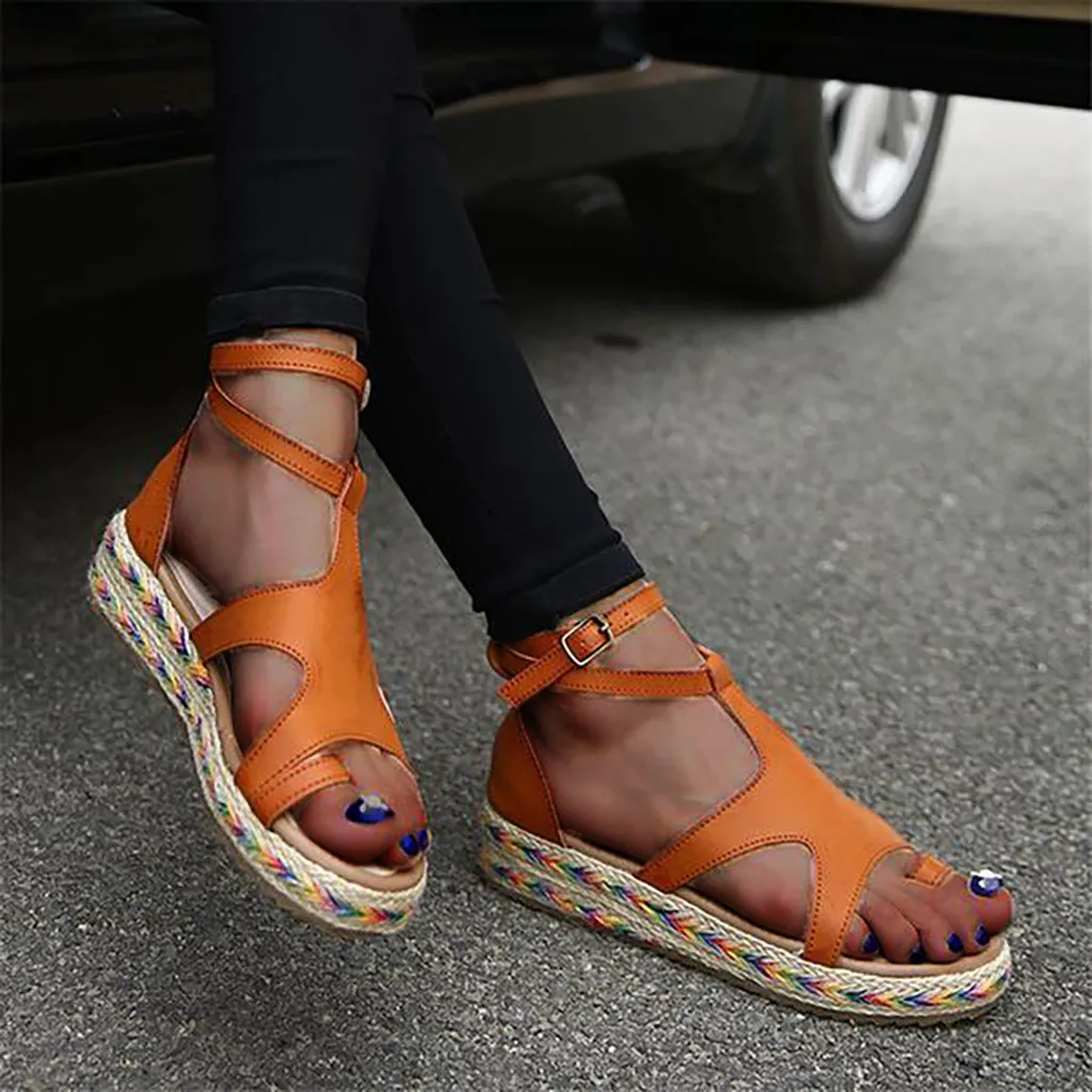 

summer Flat Sandals hemp rope woven Platform Sandals Open Toe chaussures femmes t nouveau 2019 Buckle Strap Hollow sandals women