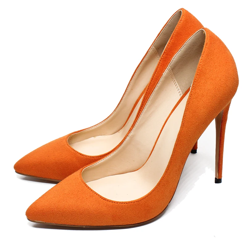 Flock Leather Shoes Women Orange Suede High Heels Shoes Woman Pointed Toe Sexy Thin Heels Dress Party Ladies Pumps Shoes Lady