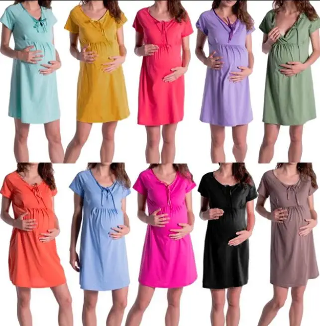 

Maternity Dress Nursing Nightgown Strip Breastfeeding Nightshirt Short Sleeve Sleepwear maternity delivery gown