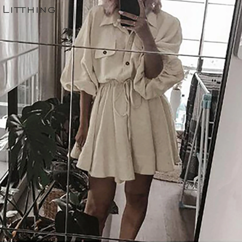

LITTHING Vintage Elagant Women Mini Shirt Dress Casual Lantern Sleeve Short Dress Turndown Collar Lace Up Linen Female Dresses