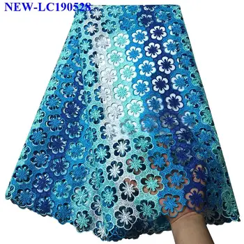 

Sky Blue Embroidered Mesh Guipure Lace Fabric 5yards For Wedding Dress 2019 High Quality Guipure Cord soluble lace fabric MXE011