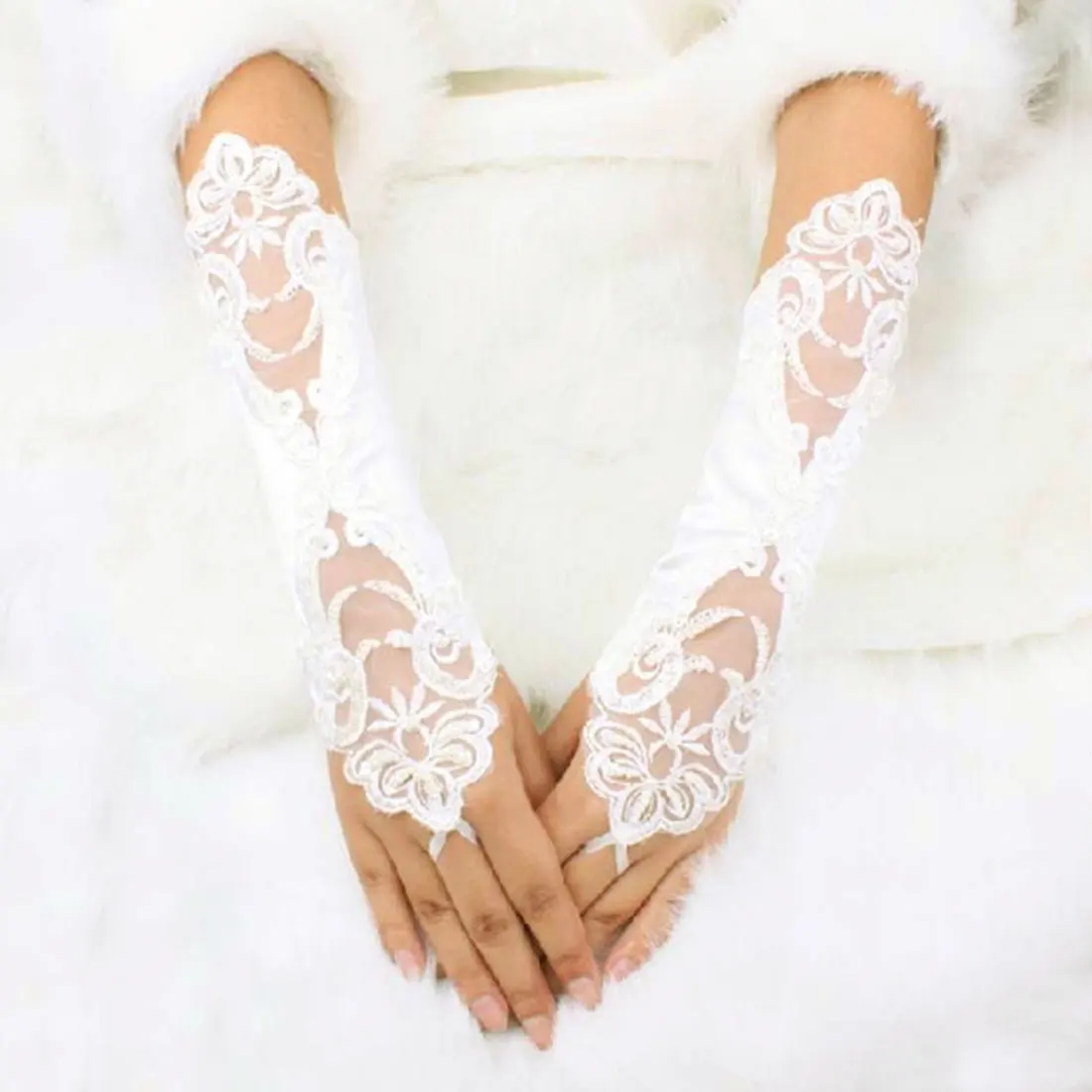 Invierno mujer 1 пара Женские свадебные длинные кружевные локоть перчатки кружевные перчатки без пальцев черные белые