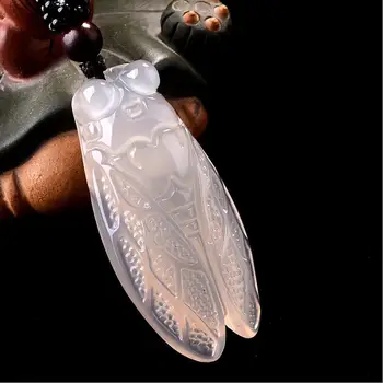 

Free Shipping With Certificate Chalcedony High Quality handmade cicada Necklace Lucky Pendant Ice