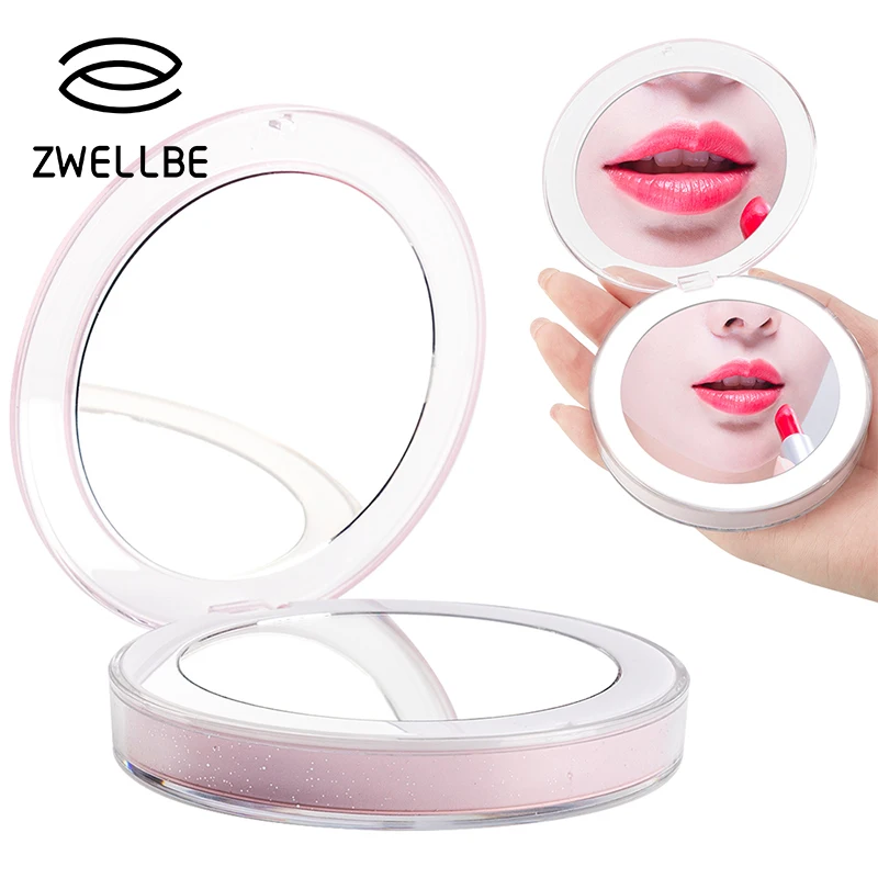 

Portable Makeup Magnifying Mirror LED Lights Touch Screen Metal Round Case Double-Side Pocket Mirror USB Use Beauty Accessories