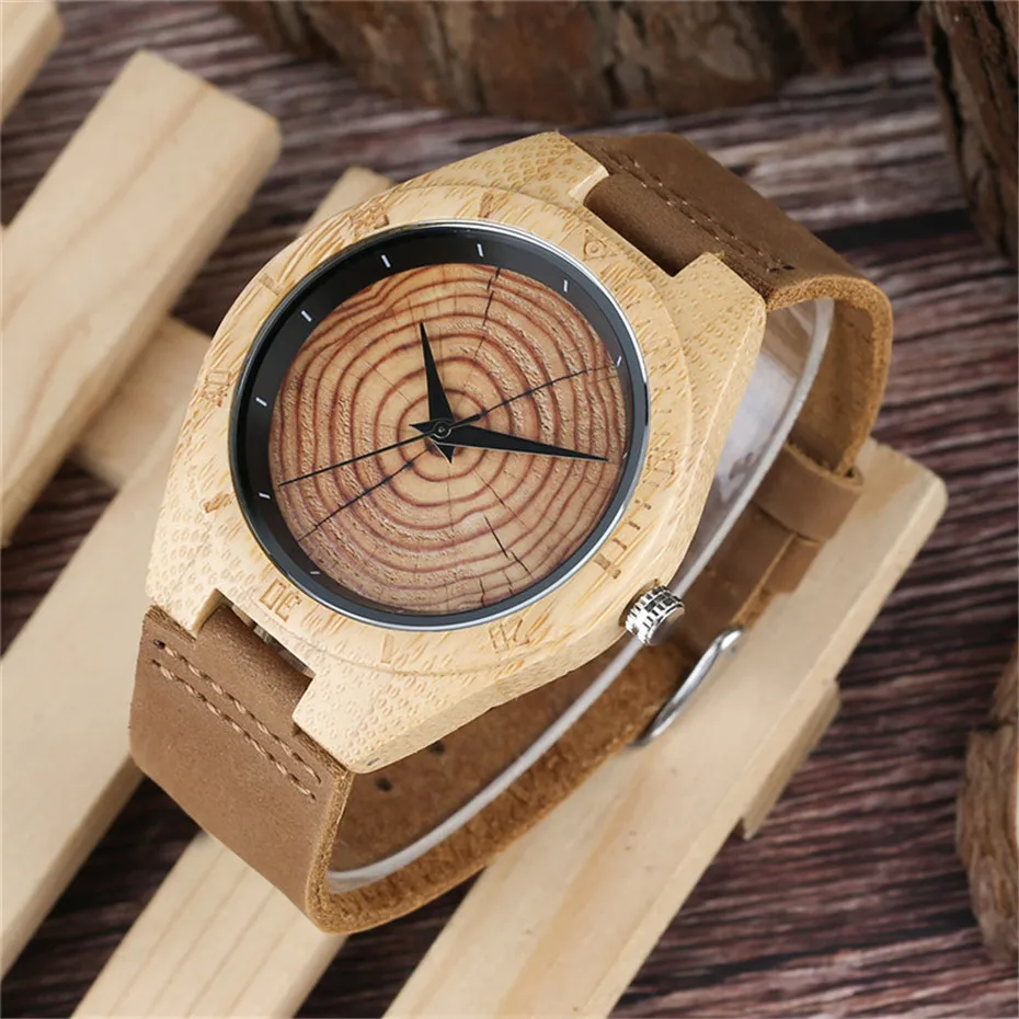 Casual Minimalist Growth Ring Pattern Bamboo Men Quartz Wrist Watch Nature Wood Genuine Leather Band Strap Sport Gifts (16)