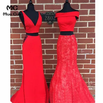 

2018 Mermaid Off Shoulder Prom Dresses Long with AB Lace Vestido Longo Two Pieces Gown Formal Evening Party Dress 100% Real