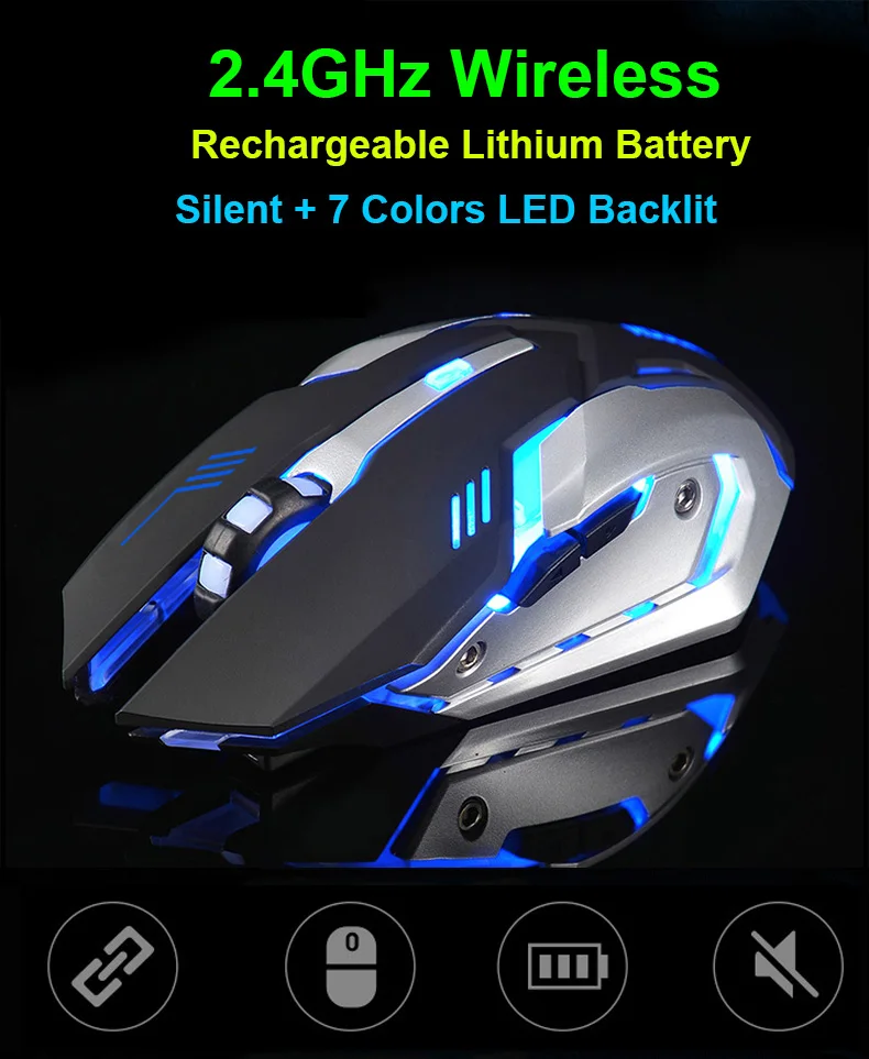 X7 2,4 ГГц Беспроводная Бесшумная перезаряжаемая игровая мышь, 7 цветов, светодиодный, с подсветкой, 1600 dpi, USB, оптическая, эргономичная, бесшумная, геймерская мышь