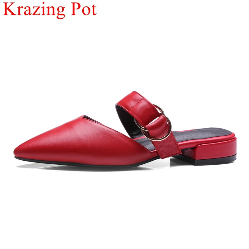 

2018 new arrival pointed toe shallow runway square heel women sandals slip on mules elegant brand vacation red summer shoes L20
