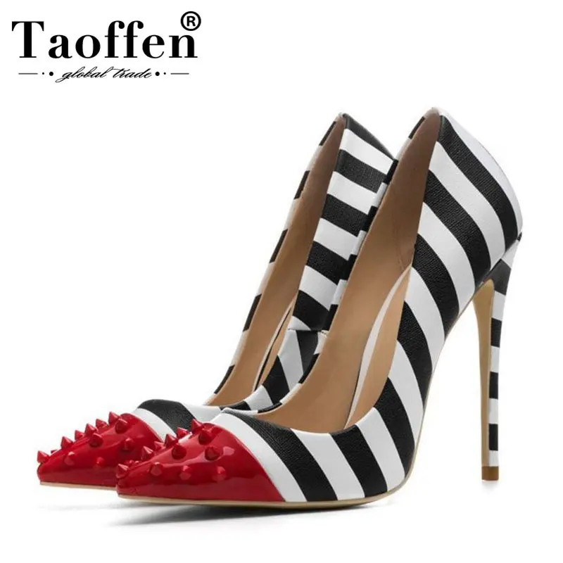 

TAOFFEN Plus Big Size 33-44 New Fashion Pointed Toe Pumps Women Shoes Mixed Color Rivets Sexy High Heels Bridal Wedding Shoes