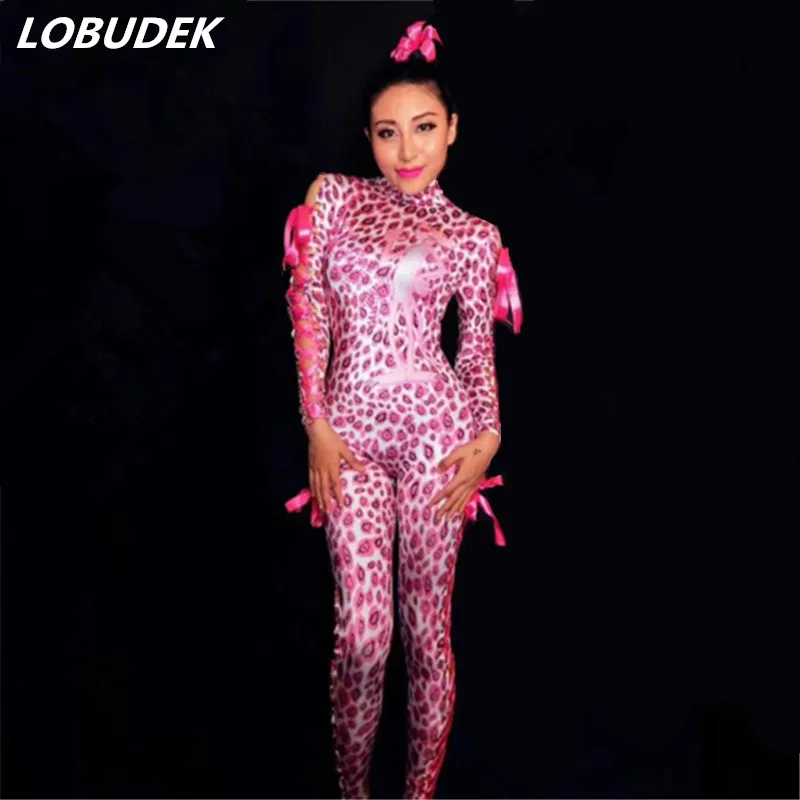 

New fashion slim stretch leotard jumpsuit female party costumes rose bandage sexy Rompers bodysuit nightclub DS performance wear
