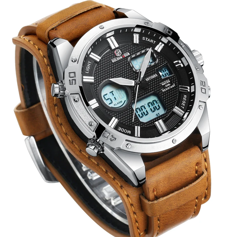 GOLDENHOUR Leder Sport Männer Analog Quarz Armbanduhr Armee Militär Datum Dual Display Outdoor_voghion.com