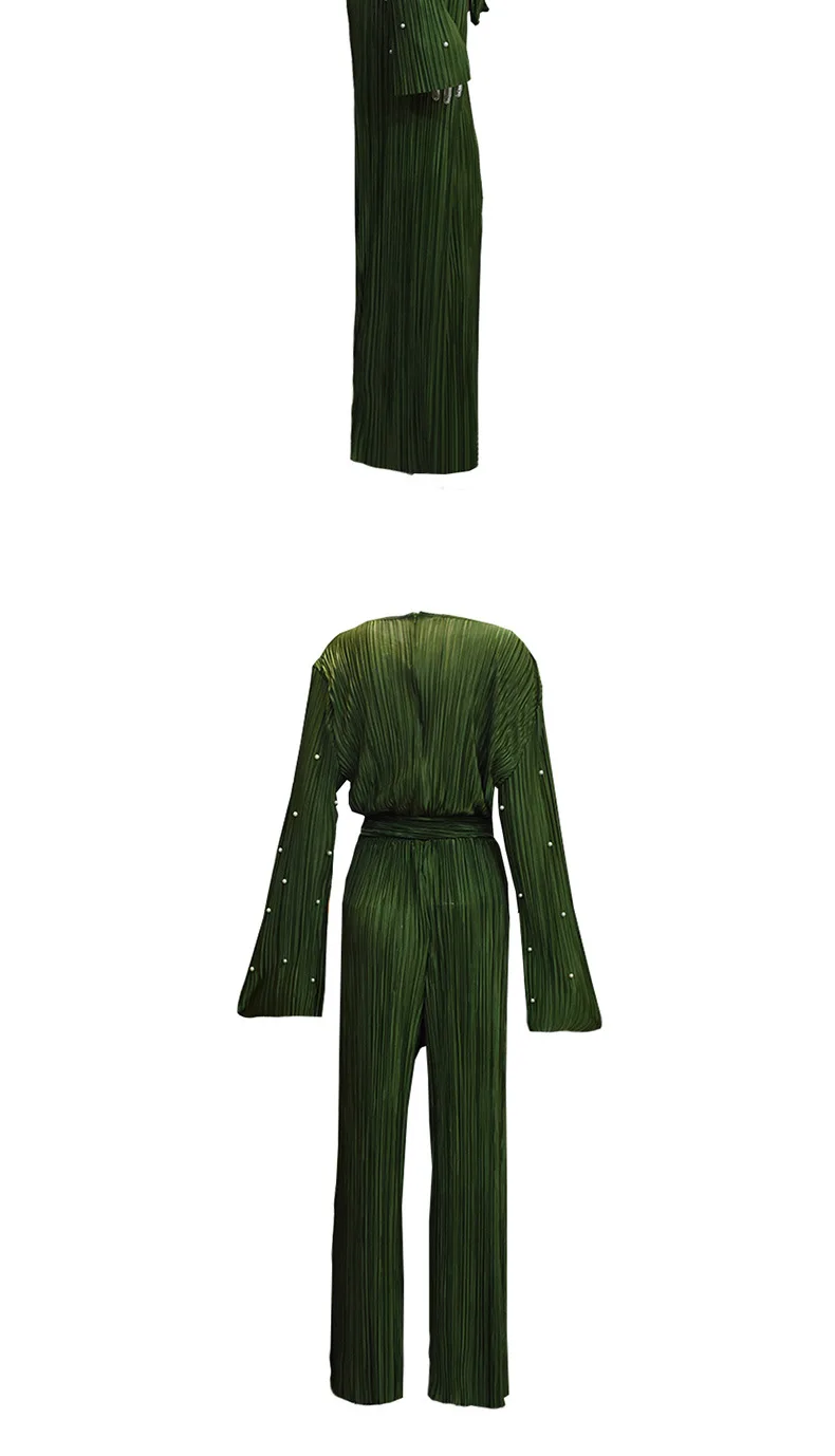 Flare с длинным рукавом Плиссированные Комбинезон Свободные Твердые O-образные вырезы для женщин пояса 2019 демисезонный костюмы TP1635