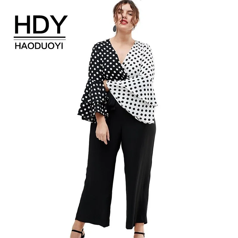HDY Haoduoyi Летняя женская Повседневная модная двухцветная рубашка в горошек с каскадными расклешенными рукавами большого размера