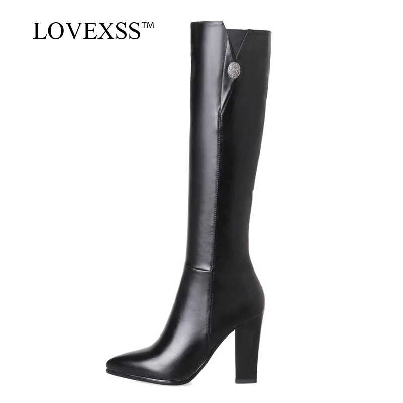 

LOVEXSS 2017 Women Knee High Boots Black Plus Size 33 - 43 Pointed Toe Boote Metal Decoration Sexy Winter High Heels Boots 2018