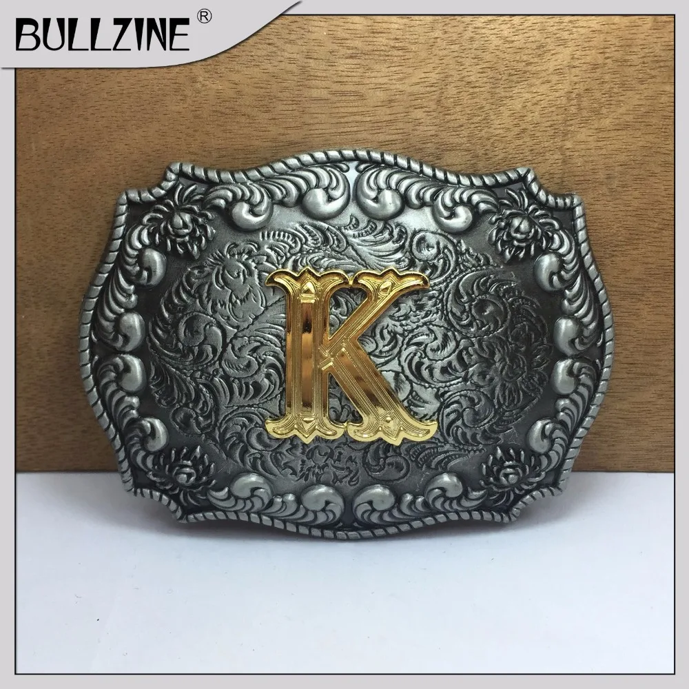The Bullzine letter K belt buckle with pewter and gold finish FP 03687