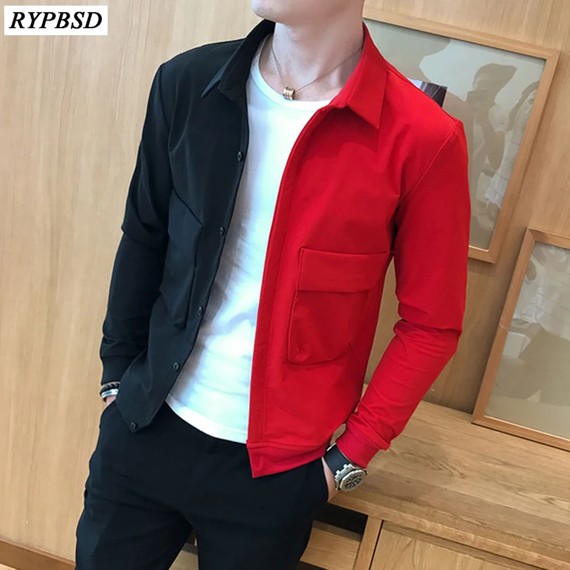 low cost  Red Black Fashion Mens Patchwork Jacket Slim Fit Single-breasted Casual Brand Jacket Men Hip Hop Me