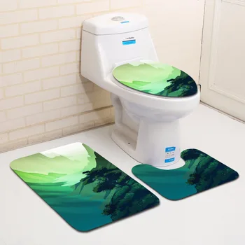 

Honlaker 3Pcs/Set Bathroom Toilet Carpet Mountain Forest Pattern Flannel Printing Bath Mat Water Absorbent Bathroom Rug