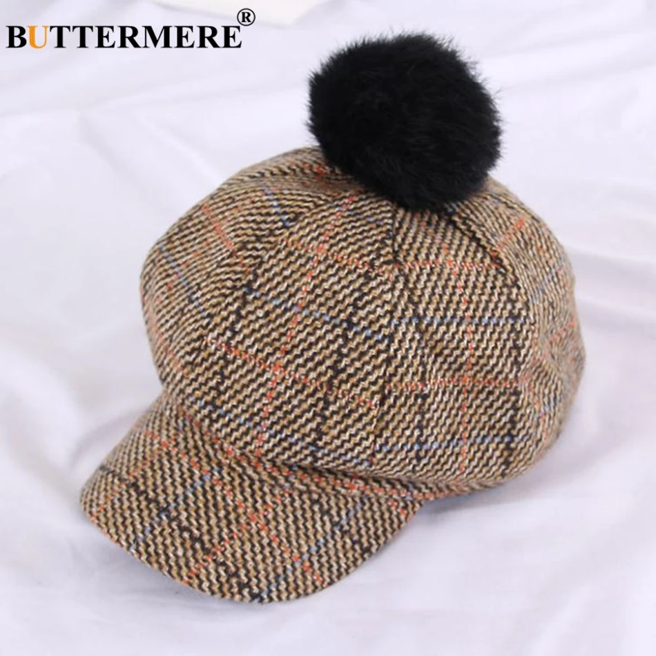 BUTTERMERE, весенне-осенняя хлопковая кепка Newsboy, женская кепка в клетку цвета хаки, восьмиугольная кепка с помпоном, винтажная Кепка в шотландском стиле