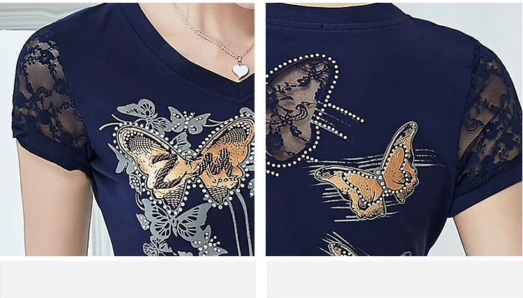 Женские 4XL Лето бриллиантами футболка с бабочкой Для женщин Кружева стразы леди футболка Camisetas Mujer печати Для женщин s футболки